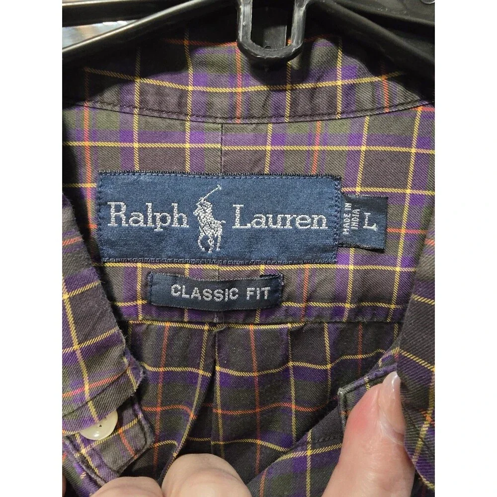 Ralph Lauren Mens L Shirt Brown Purple Check Striped Classic Casual Purple Pony